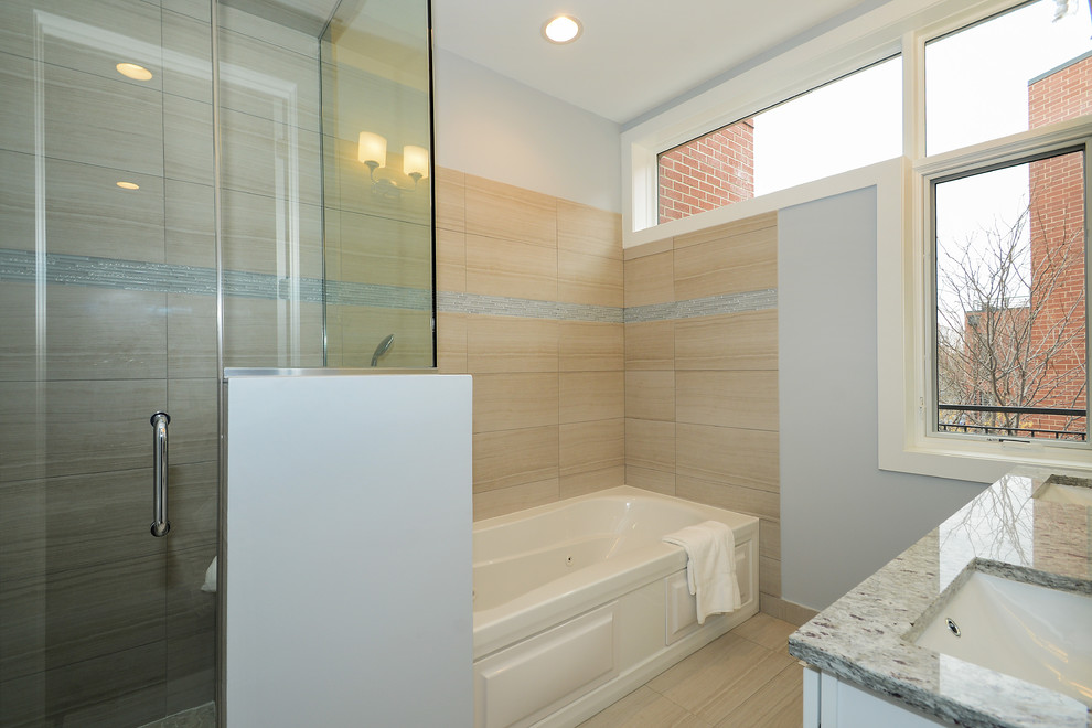 Design ideas for a small transitional bathroom in Chicago with an undermount sink, shaker cabinets, white cabinets, engineered quartz benchtops, a two-piece toilet, beige tile, porcelain tile, grey walls and porcelain floors.