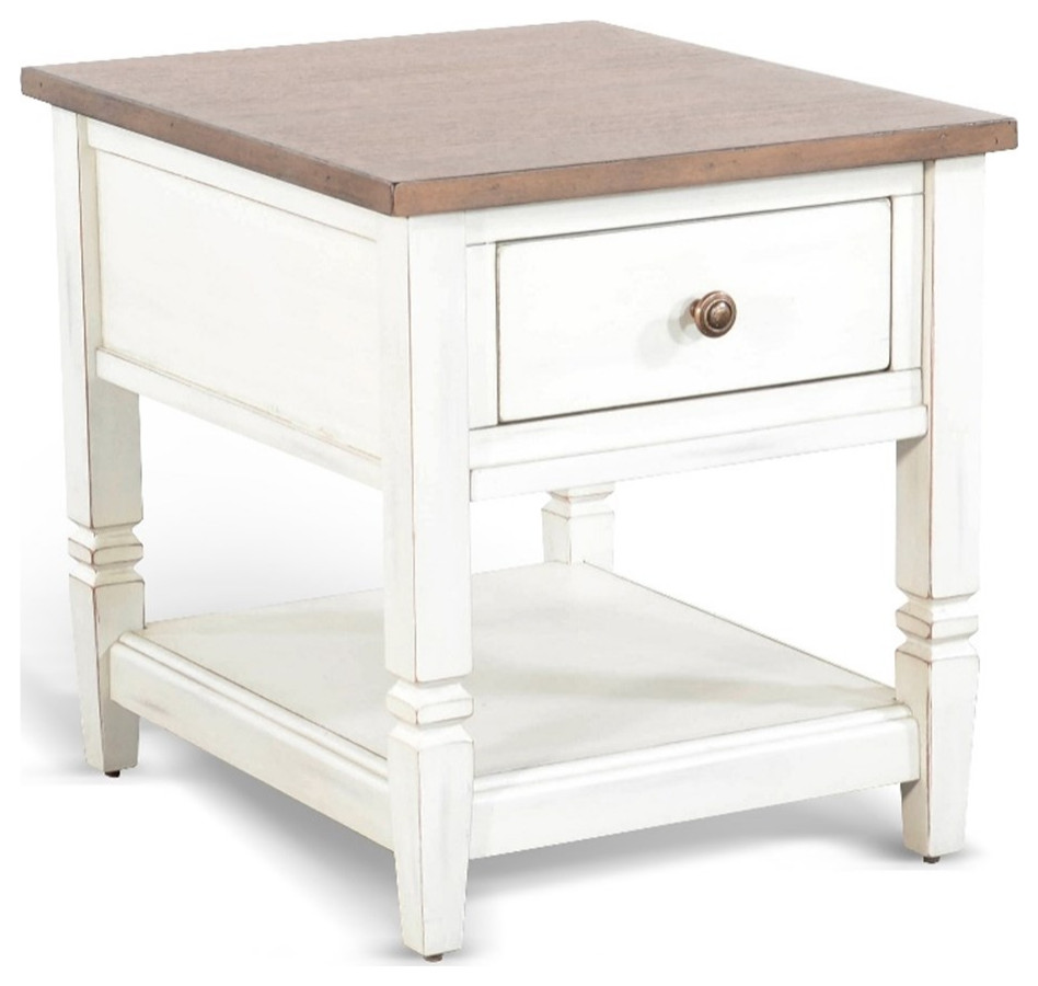 Sunny Designs Pasadena 1-Drawer Farmhouse Mahogany End Table in Off White