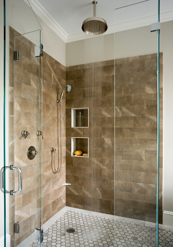 Design ideas for a large traditional master bathroom in Boston with a curbless shower, brown tile, beige walls, recessed-panel cabinets and white cabinets.