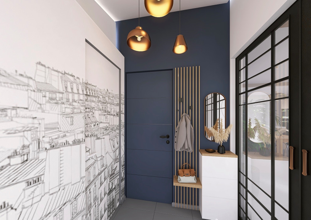 Idée de décoration pour un petit hall d'entrée minimaliste avec un mur bleu, un sol en carrelage de céramique, une porte simple, une porte blanche, un sol gris, poutres apparentes et du papier peint.