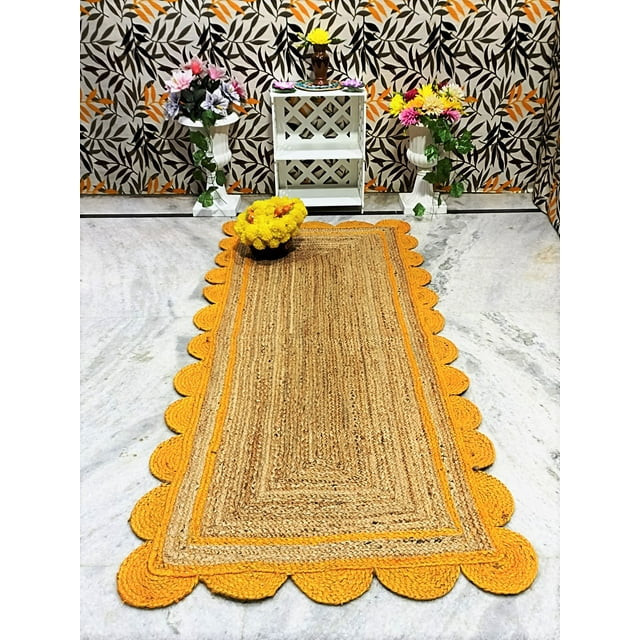 Farmhouse Area Rug, Braided Natural Jute & Yellow Scalloped Accents, 2' X 14'