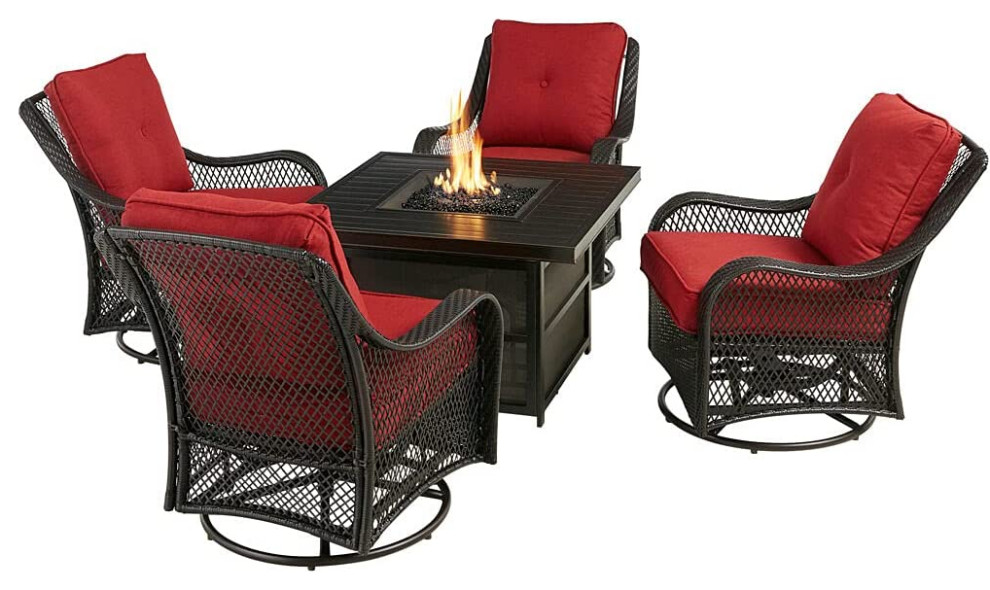 5 Pieces Patio Bistro Set, Swivel Cushioned Chairs and Square Fire Pit