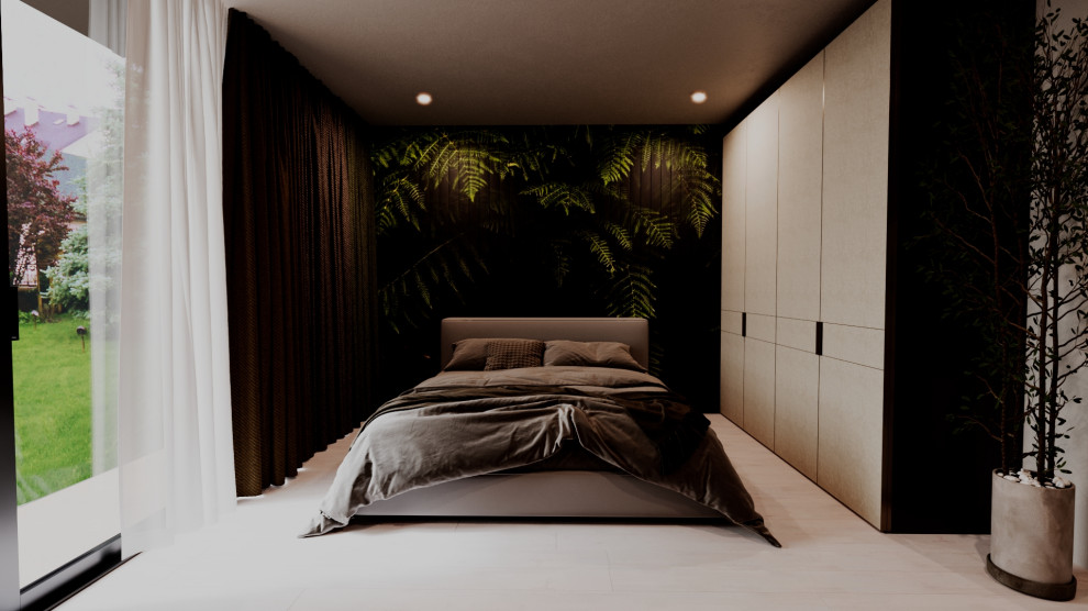 Bedroom with a wall made of planks