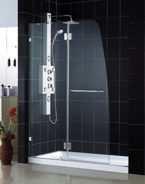 AquaLux Frameless Hinged Shower Door & SlimLine 34"x60" Single Threshold Base