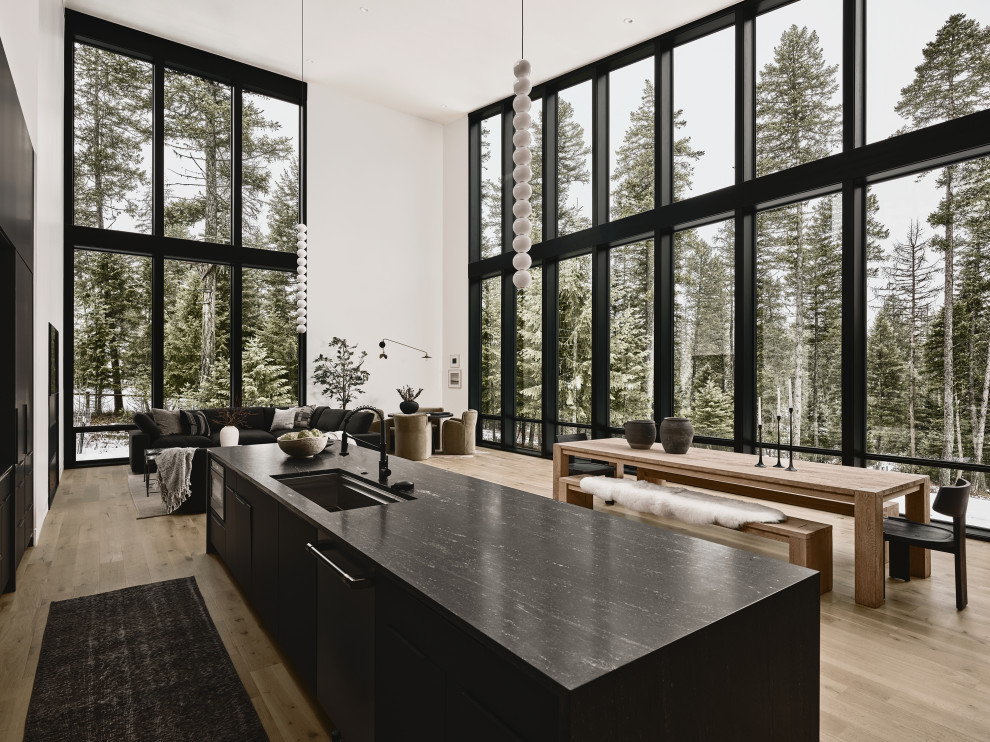 Example of a minimalist single-wall light wood floor and vaulted ceiling open concept kitchen design in Phoenix with a single-bowl sink, black cabinets, granite countertops, black backsplash, granite backsplash, stainless steel appliances, an island and black countertops
