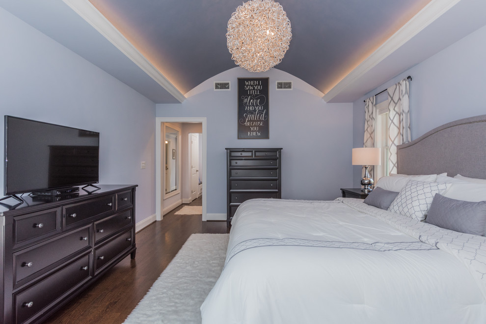Inspiration for a mid-sized transitional master bedroom in Bridgeport with grey walls, dark hardwood floors and brown floor.