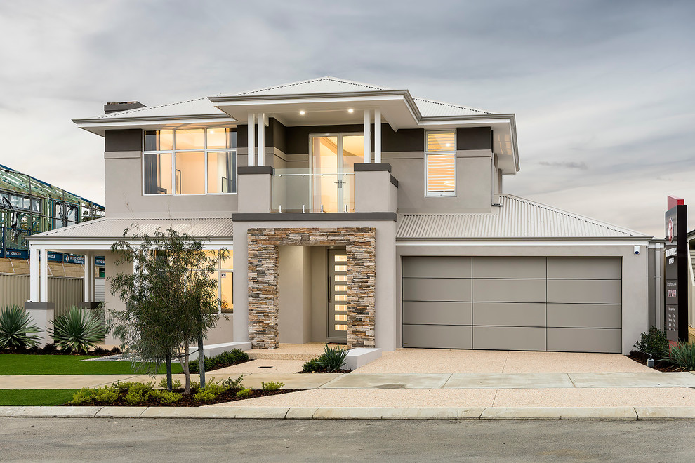 Inspiration for a large contemporary two-storey grey exterior in Perth with stone veneer and a gambrel roof.