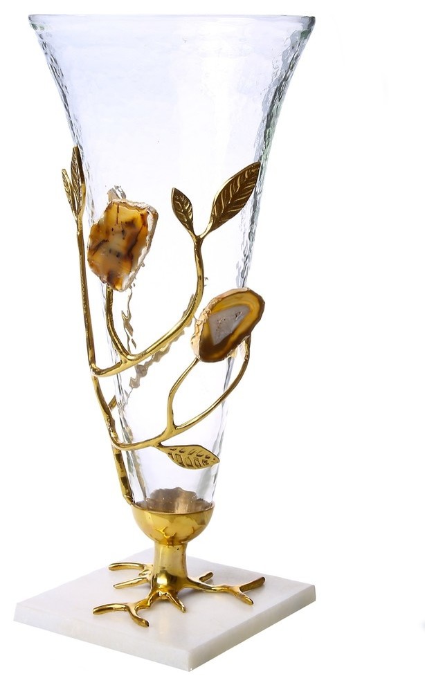 Classic Touch 15" Glass Vase With Gold Leaf and Agate Stone Design Contemporary Vases by