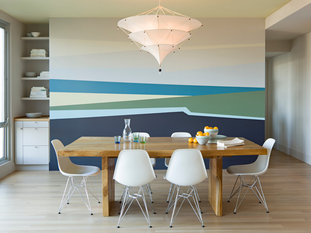 Inspiration for a modern dining room in Portland with multi-coloured walls and light hardwood floors.