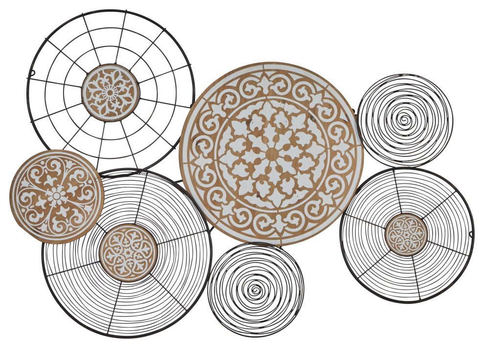 Large Round Black Metal Wall Decor With Wood Carved Center, 40.5"x28