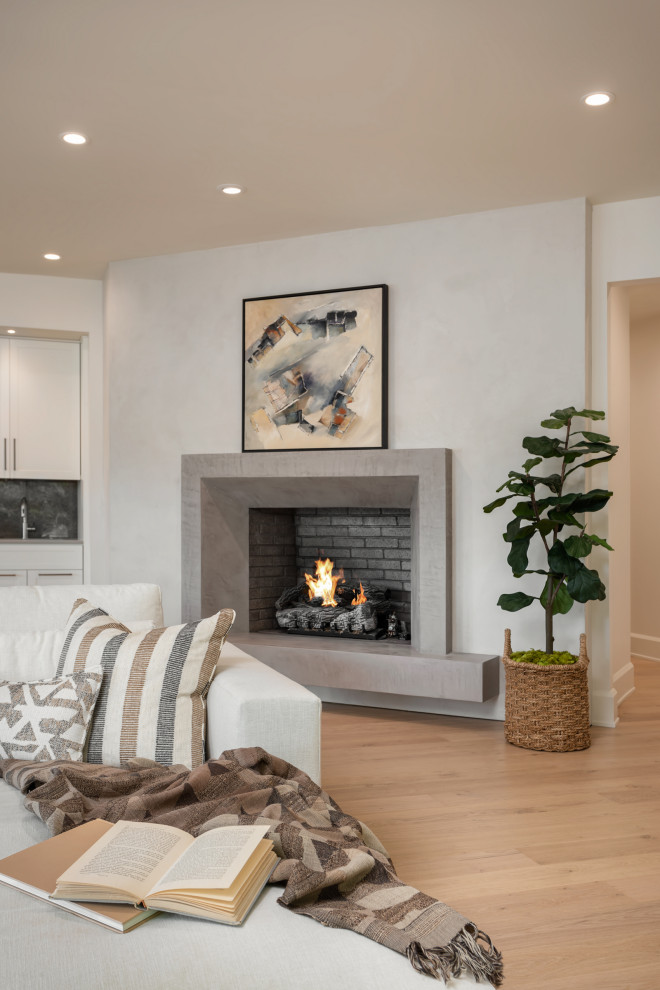 他の地域にある高級な広いトランジショナルスタイルのおしゃれなLDK (白い壁、淡色無垢フローリング、漆喰の暖炉まわり、ベージュの床、板張り天井) の写真