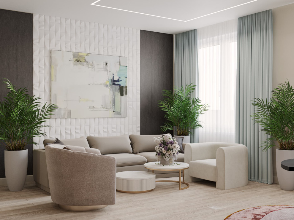 Idee per un soggiorno design di medie dimensioni con pareti multicolore, TV a parete, pavimento beige, soffitto ribassato e pannellatura