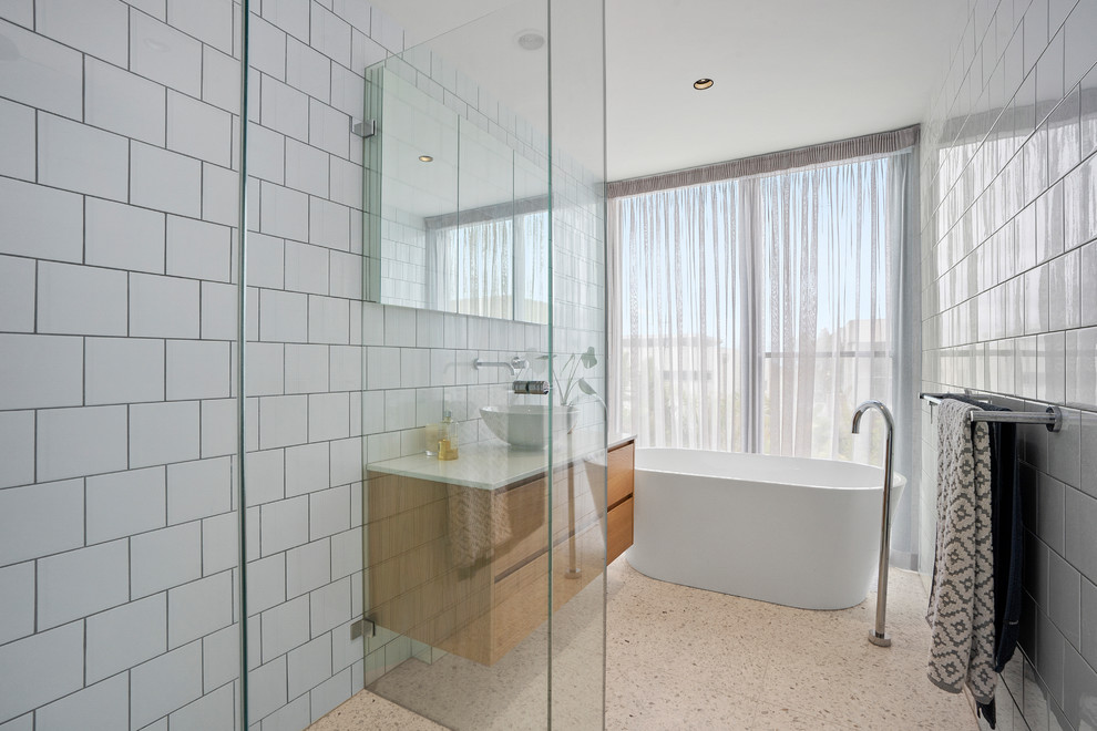 Design ideas for a small modern master bathroom in Geelong with an open shower, white tile, porcelain tile, white walls, terrazzo floors, a drop-in sink, engineered quartz benchtops, white floor, an open shower and white benchtops.