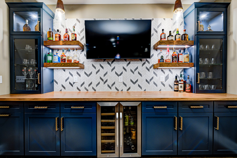 Photo of a contemporary dry bar in Indianapolis with shaker cabinets, blue cabinets, wood worktops, multi-coloured splashback, beige worktops and ceramic splashback.