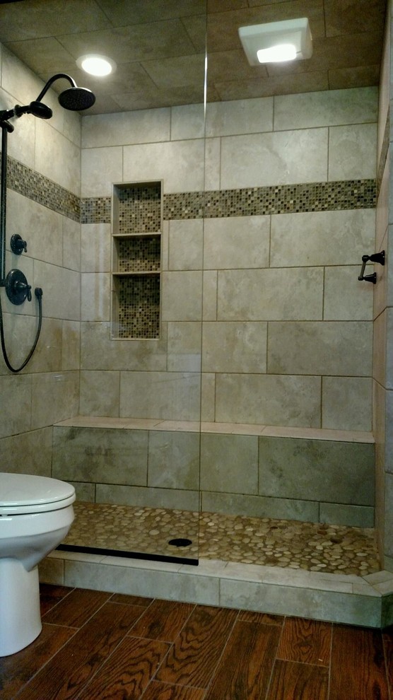 Inspiration for a mid-sized transitional master brown tile and porcelain tile porcelain tile doorless shower remodel