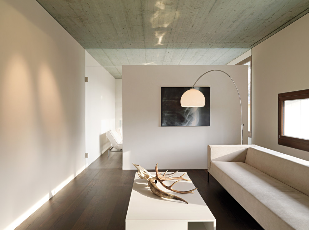 This is an example of a mid-sized modern enclosed living room in Stuttgart with white walls and dark hardwood floors.