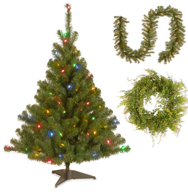 4' Kincaid Spruce Tree With 9'x10" Norwood Fir Garland and Garden Accents Traditional