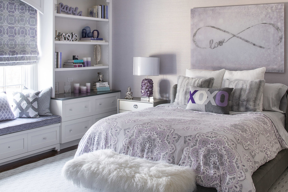 Design ideas for a mid-sized transitional kids' room for girls in New York with dark hardwood floors, brown floor and purple walls.