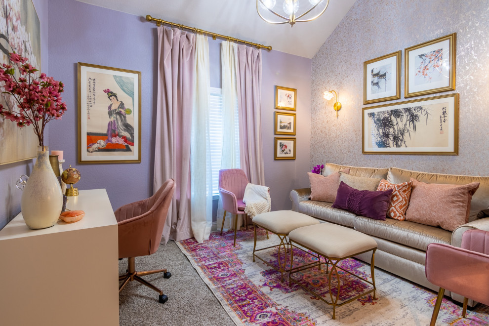 Inspiration for a mid-sized asian guest bedroom in Dallas with purple walls, carpet, beige floor, vaulted and wallpaper.