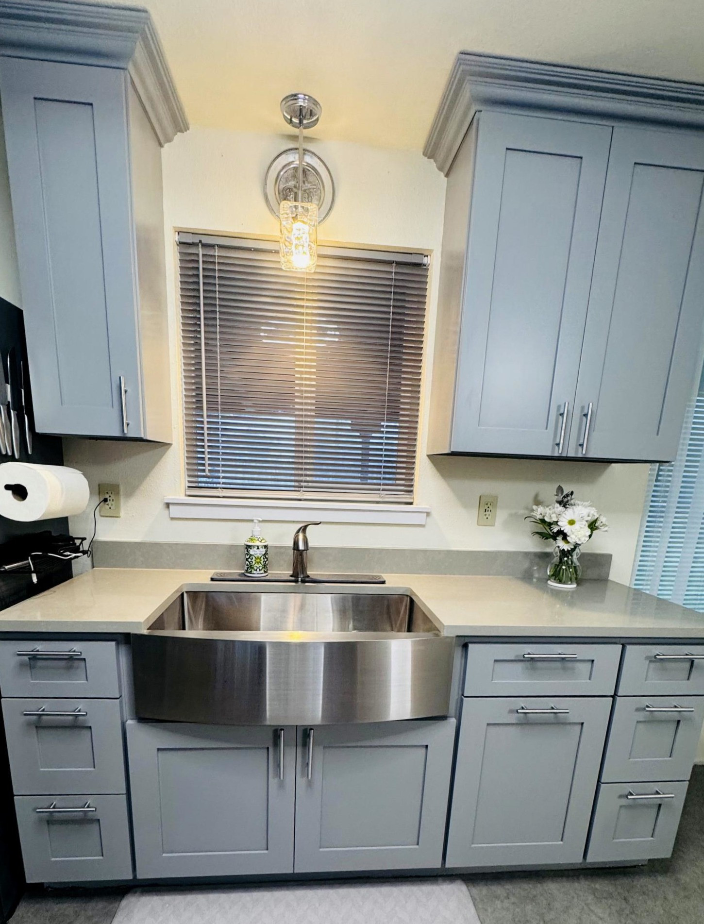 Kitchen with new farmhouse sink with new cabinetry