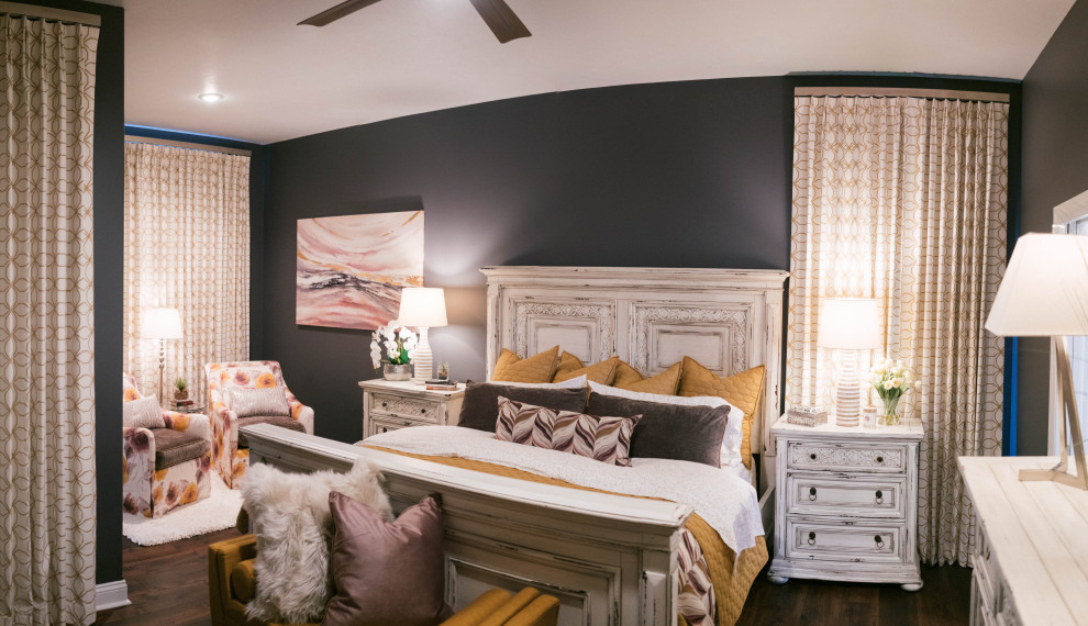 This is an example of a large modern master bedroom in Other with purple walls and vinyl floors.