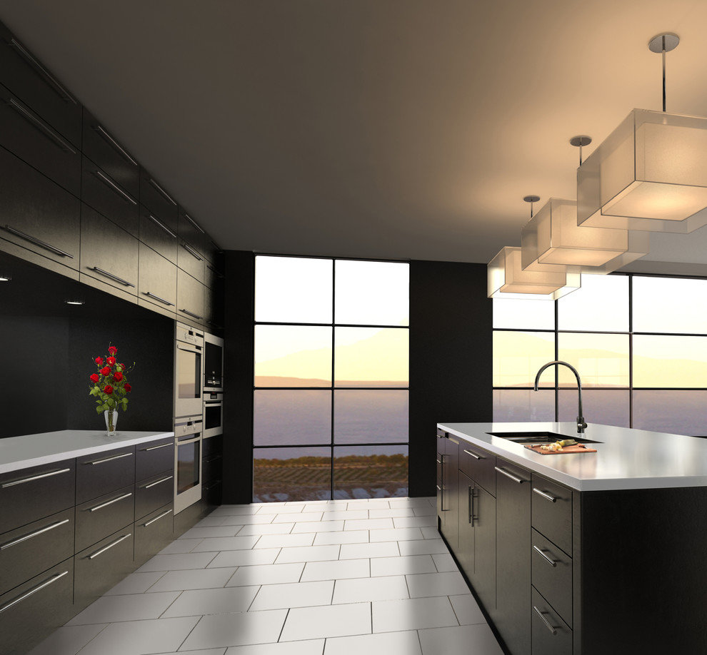 Design ideas for a mid-sized modern galley eat-in kitchen in Austin with an undermount sink, flat-panel cabinets, black cabinets, solid surface benchtops, black splashback, stainless steel appliances, ceramic floors, with island and grey floor.