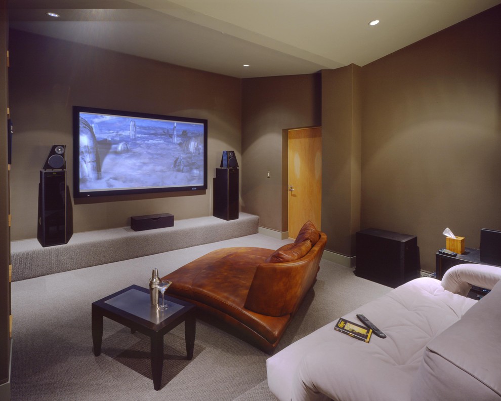 Photo of a contemporary home theatre in San Francisco with brown walls.