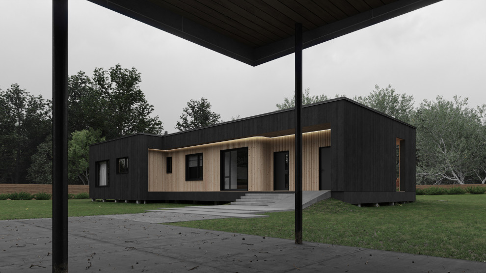 Стильный дизайн: маленький, одноэтажный, деревянный частный загородный дом в скандинавском стиле с плоской крышей для на участке и в саду - последний тренд
