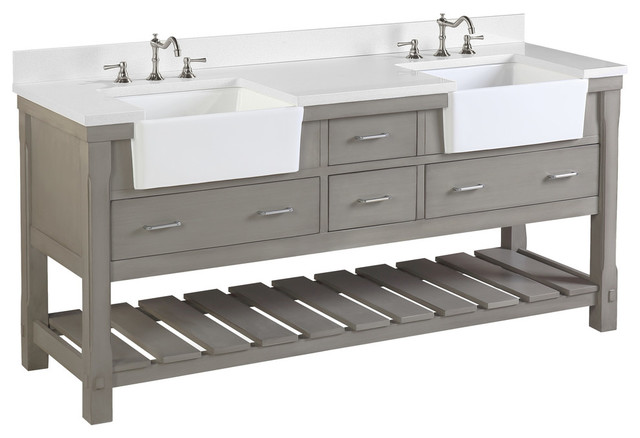 Charlotte Bathroom Vanity, Weathered Gray, 72", Quartz Top, Double Sink