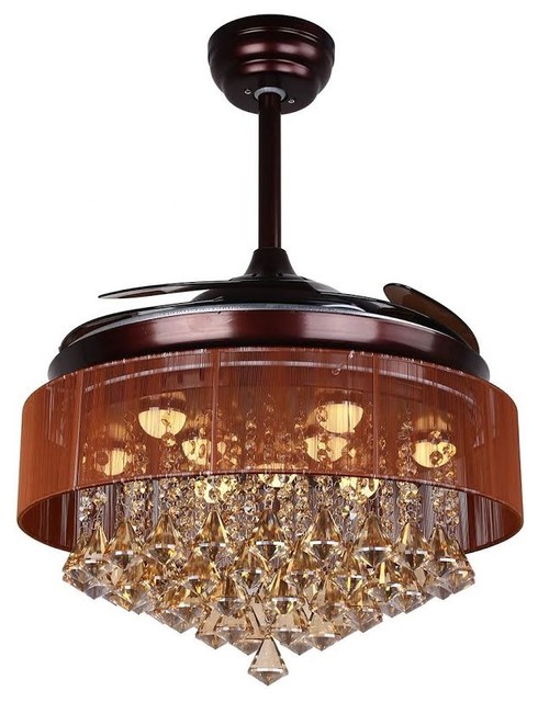 Houzz Parrotuncle Crystal Led Ceiling Fan With Foldable Crystal Led Ceiling Fan With Foldable Blades Coffee Brown Traditional Fans