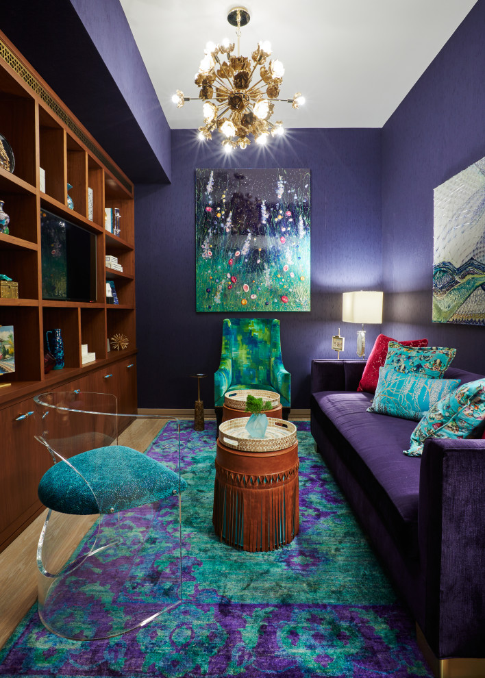 Inspiration for a contemporary family room in New York with wallpaper.