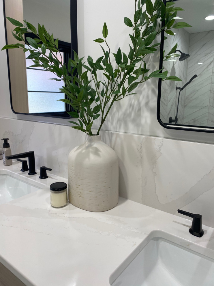 Inspiration for a large transitional master bathroom in Other with flat-panel cabinets, light wood cabinets, an open shower, an undermount sink, engineered quartz benchtops, an open shower, white benchtops, a double vanity and a built-in vanity.