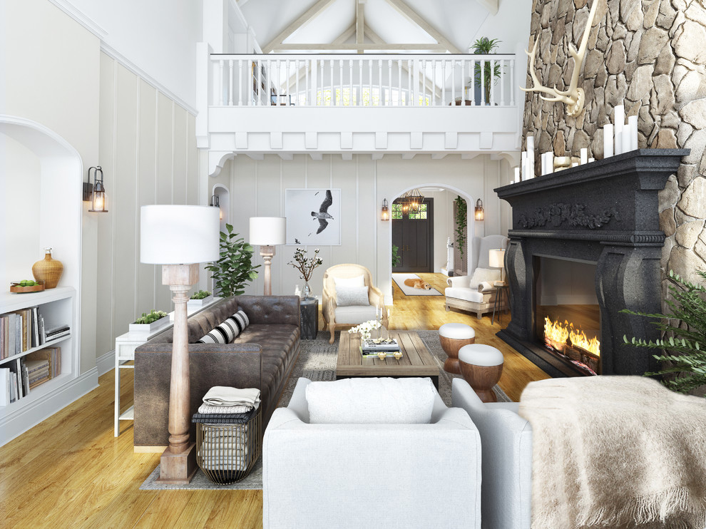 Inspiration for a large country formal enclosed living room in Minneapolis with white walls, light hardwood floors, a standard fireplace, a stone fireplace surround, no tv and beige floor.