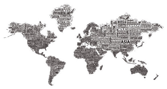1-World Text Map Wall Decal, Black on White, 67"x36"