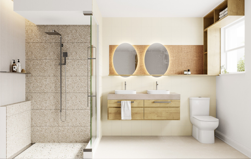 Small midcentury master bathroom in Dallas with raised-panel cabinets, medium wood cabinets, a one-piece toilet, yellow tile, porcelain tile, yellow walls, porcelain floors, a vessel sink, engineered quartz benchtops, beige floor, pink benchtops, a double vanity and a floating vanity.