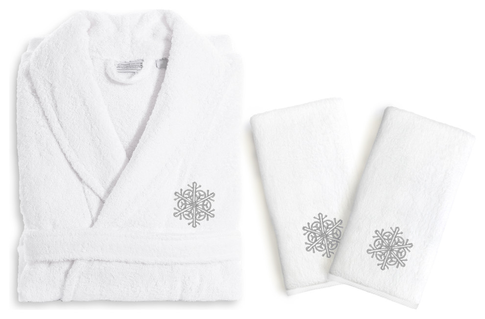 Monogrammed Luxury Hand Towels and Terry Bathrobe Set With Gray Snow