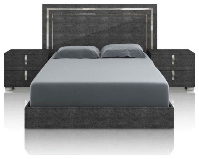 Noble Queen Bed, Gray Birch High Gloss, Chrome Foil Trim Transitional