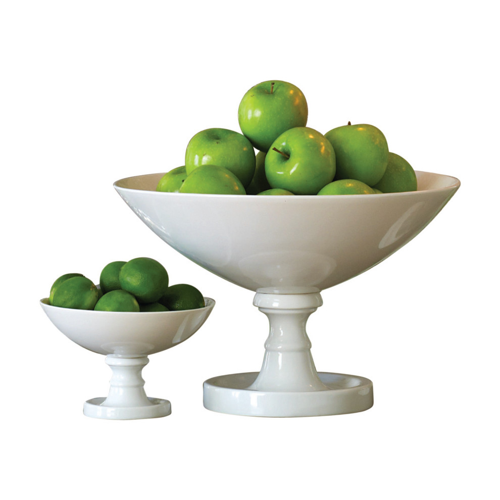 2Piece Classic White Pedestal Centerpiece Bowl Set, Ceramic Transitional Fruit Bowls And