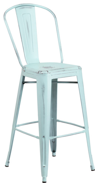 Brimmes 30" Metal Barstool Distressed Green-Blue With Curved Vertical Slat