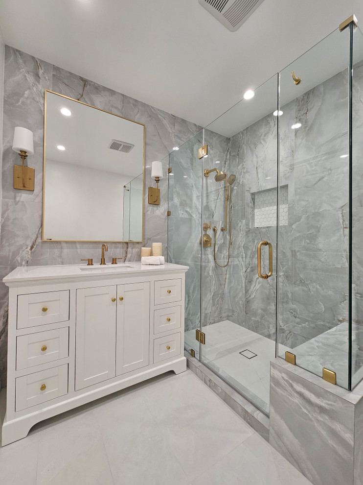Design ideas for a medium sized classic shower room bathroom in Los Angeles with shaker cabinets, white cabinets, grey tiles, porcelain tiles, porcelain flooring, marble worktops, grey floors, white worktops, a single sink and a freestanding vanity unit.