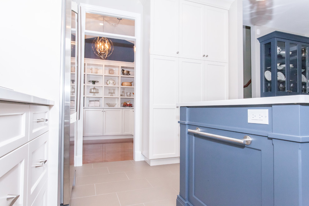 Kitchen pantry - large transitional u-shaped dark wood floor and brown floor kitchen pantry idea in Toronto with recessed-panel cabinets, white cabinets, quartz countertops, gray backsplash, stainless steel appliances, an island and white countertops