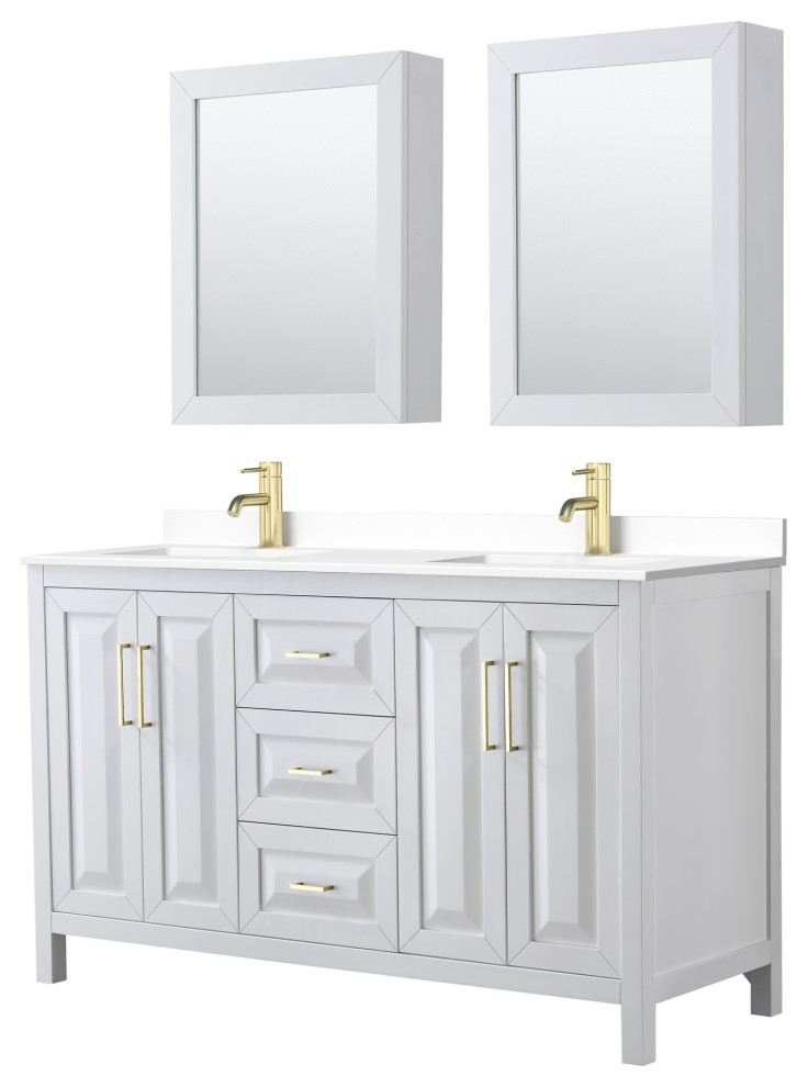 Daria 60" White Double Vanity, White Marble Top, Medicine