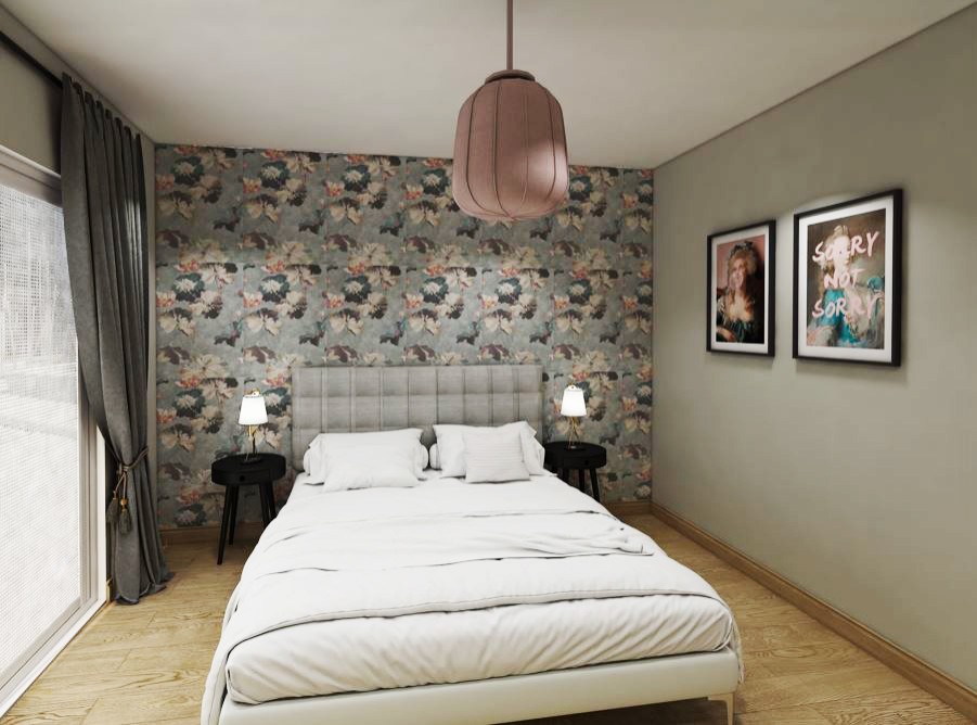 Chambre d'amis?[Réalisation de chambre d'amis With parquet clair, un mur gris, aucune cheminée, un sol beige and du papier peint.]:[Réalisation de chambres d'amis With parquet clair, un mur gris, aucune cheminée, un sol beige and du papier peint.]