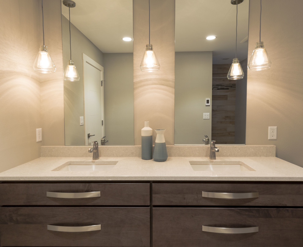 This is an example of a mid-sized contemporary master bathroom in Other with flat-panel cabinets, dark wood cabinets, grey walls, an undermount sink, engineered quartz benchtops and white benchtops.