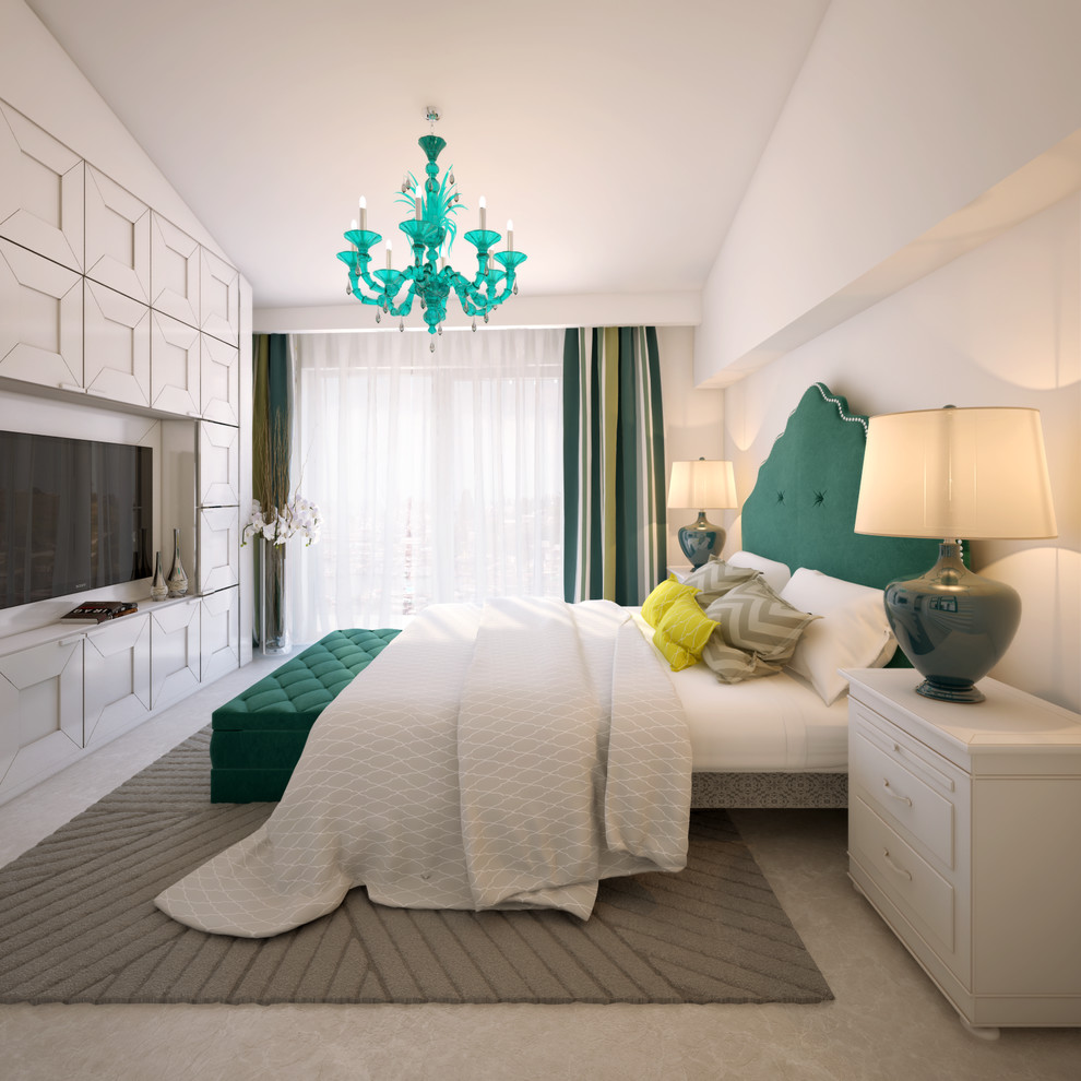 This is an example of a mid-sized transitional guest bedroom in Nice with white walls, marble floors and white floor.