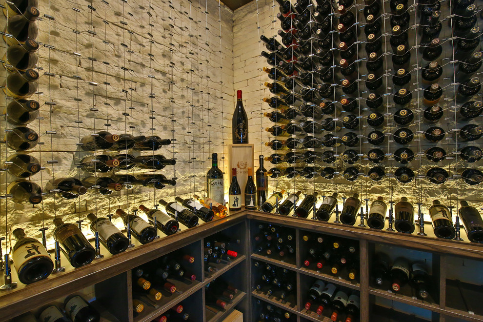 Inspiration for a large contemporary wine cellar in Dallas with storage racks, ceramic floors and beige floor.