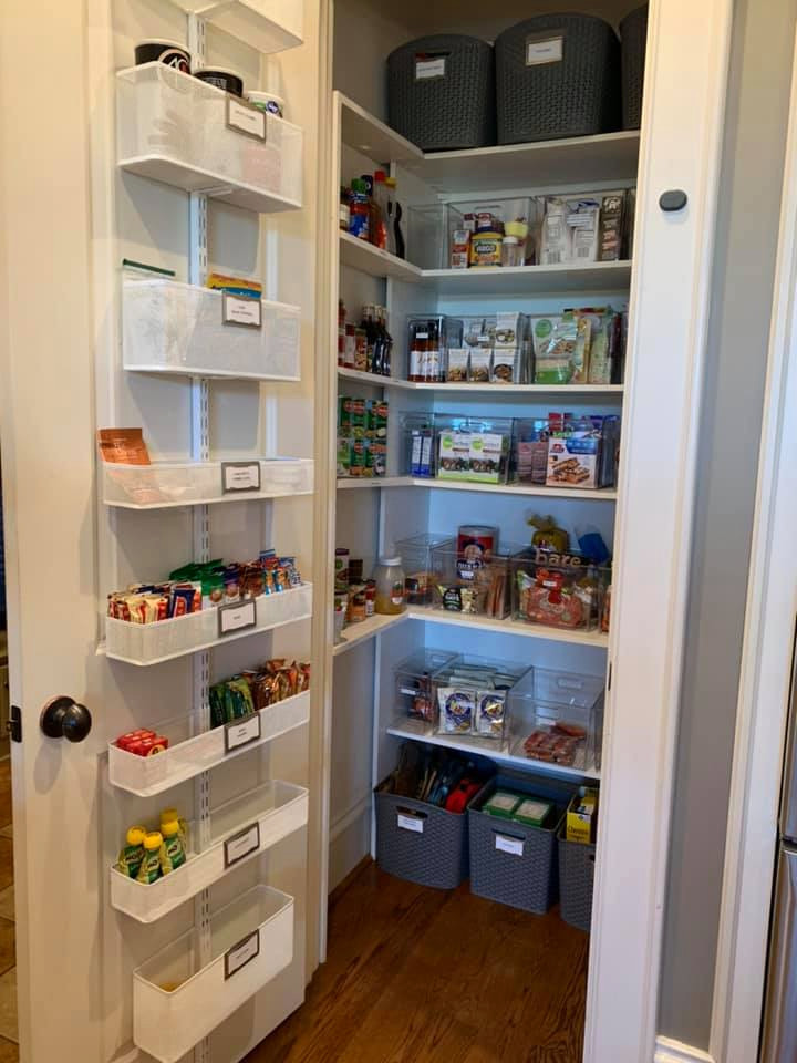 Pantry after with Door organizer and clear bins