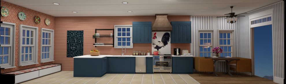 Inspiration for a mid-sized country galley eat-in kitchen in Austin with a single-bowl sink, shaker cabinets, blue cabinets, soapstone benchtops, multi-coloured splashback, stainless steel appliances, brick floors, beige floor, white benchtop and timber.
