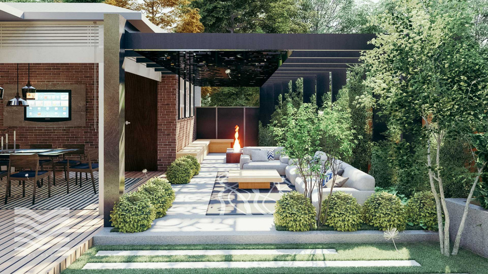 Свежая идея для дизайна: маленькая пергола во дворе частного дома на заднем дворе в современном стиле с мощением тротуарной плиткой для на участке и в саду - отличное фото интерьера
