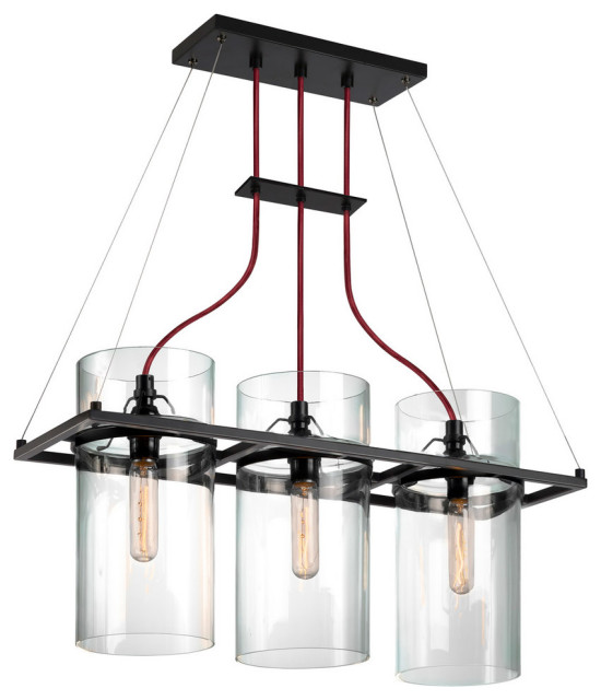 Square Ring 3-Light Linear Pendant With Satin Black Finish and Clear Glass